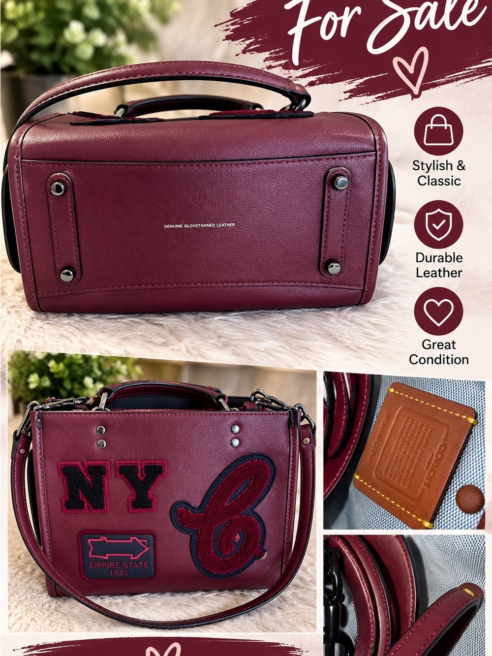 Coach Burgundy Leather Crossbody with NY & Empire State Patches